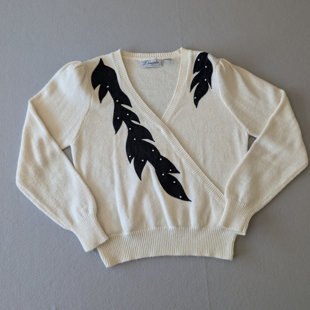 Vintage 80s Donagain Pearl Beaded Wrap Sweater Knitwear Retro Cream Black Knit L image 3